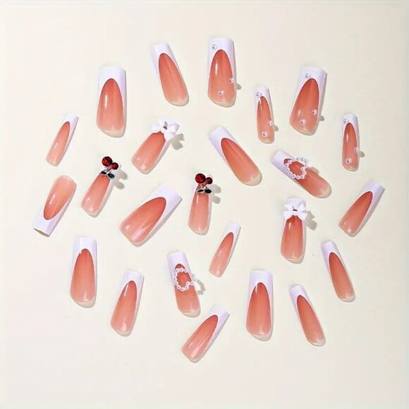 Nails French 3D Charm Cherry Press On Stylish 24 Fake Glam Trendy Sexy Reusable - Picture 3 of 5